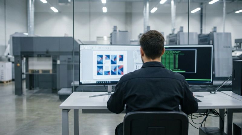 Prepress operator at dual monitors — imposition layout on one screen, automated prepress terminal on the other