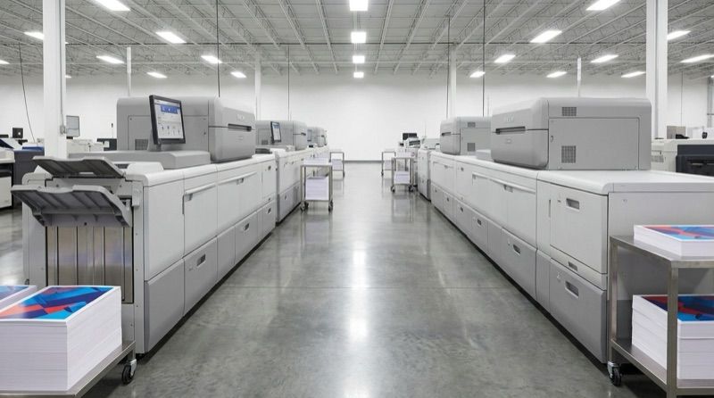 Two Ricoh Pro C9500 digital production press lines running parallel