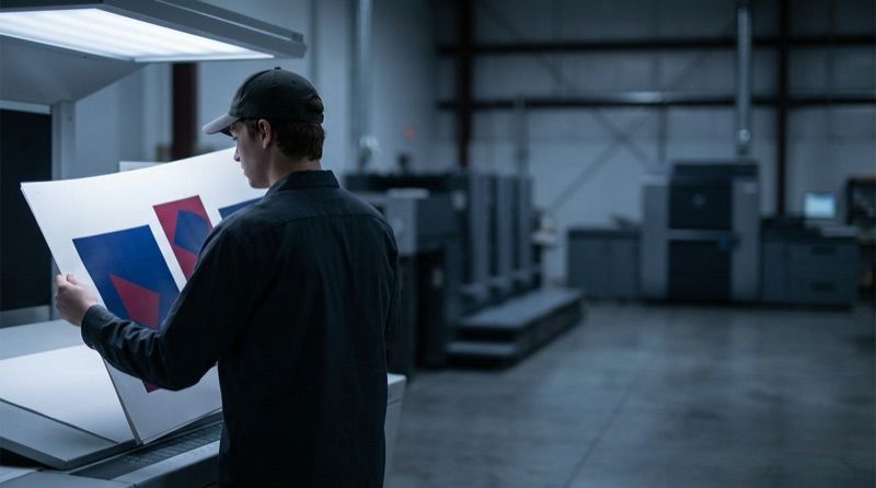 Press operator checking a freshly printed sheet under the viewing light, press line beyond